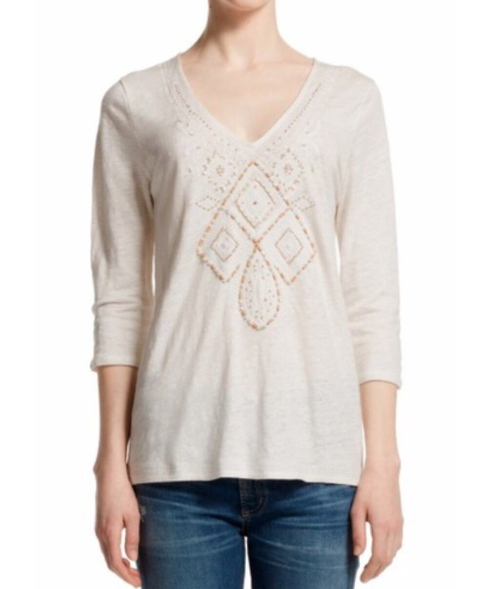 Calypso St Barth Evermore Beaded Embellished Linen 1/2 long sleeve Tee XS
